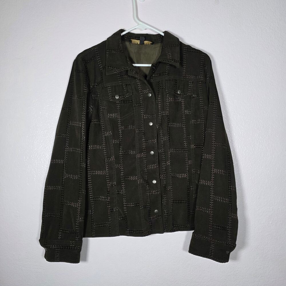 Farelle Womens Jacket Brown Olive Plaid Snap Front Textured Size 10 Vintage